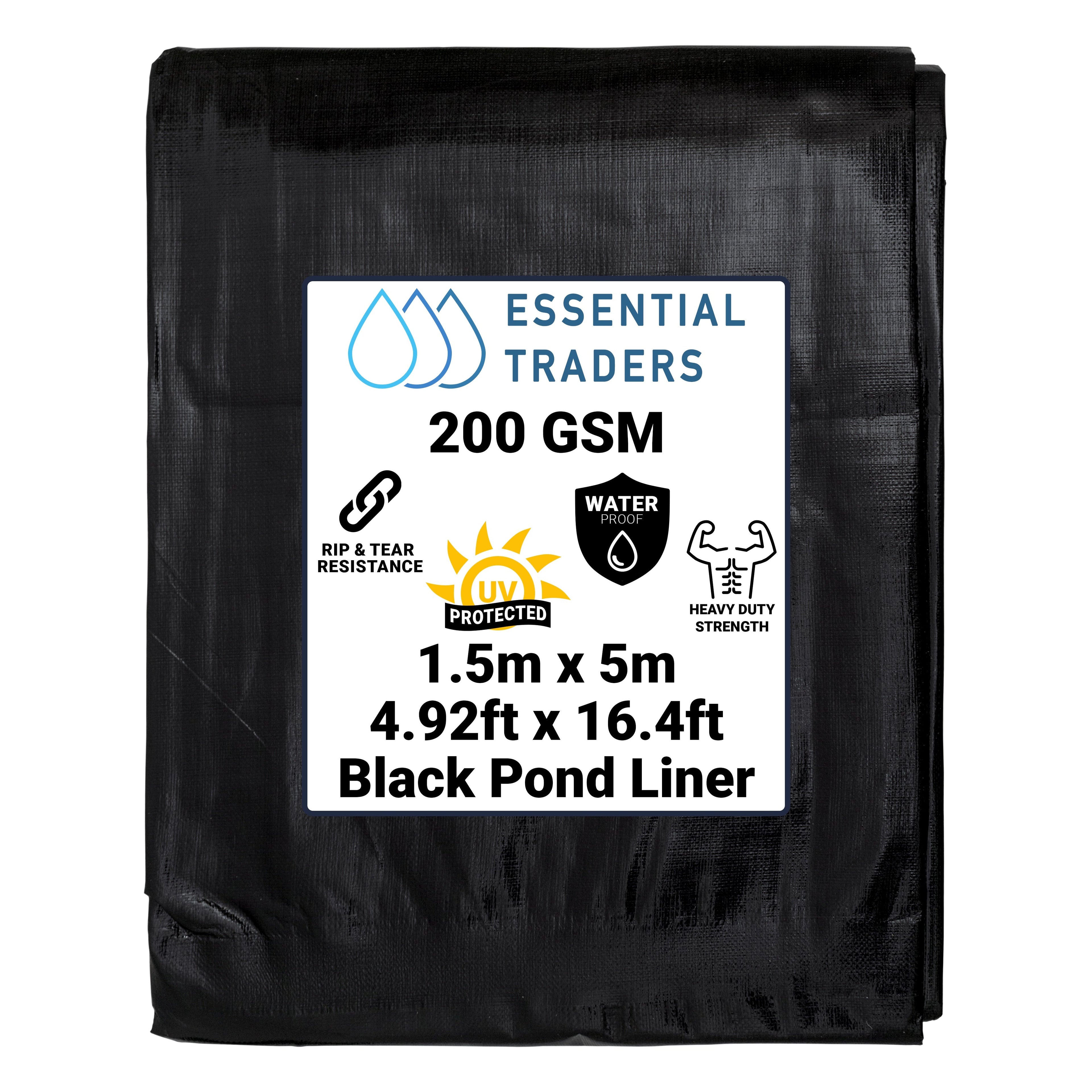 1.5m x 5m Black Pond Liner, L-Grade 200 GSM-0