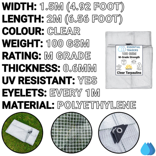 1.5m x 2m Clear Tarpaulins, M-Grade 100 GSM