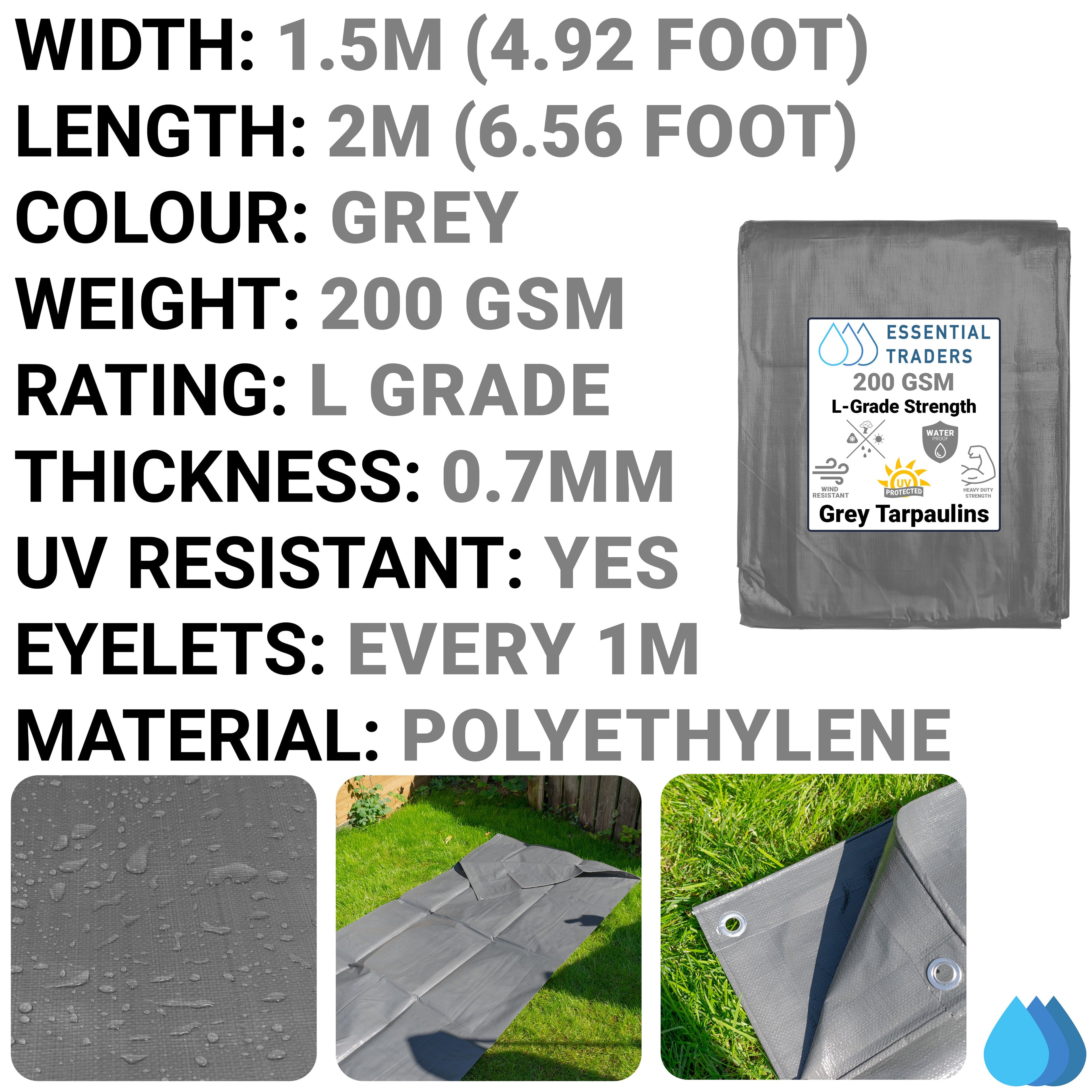 1.5m x 2m Grey Tarpaulins, L-Grade 200 GSM-1