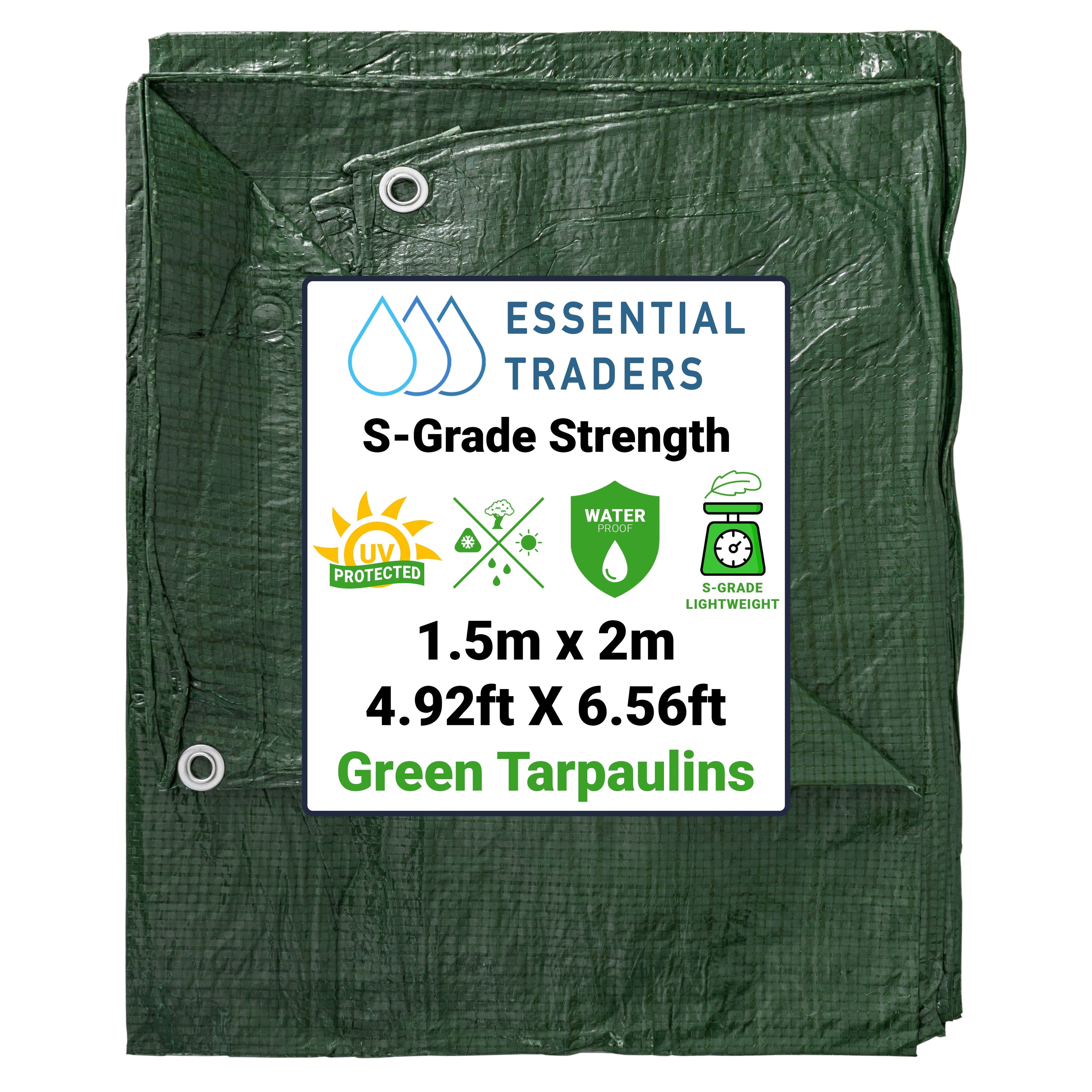 1.5m x 2m Green Tarpaulins, S-Grade 50 GSM-0