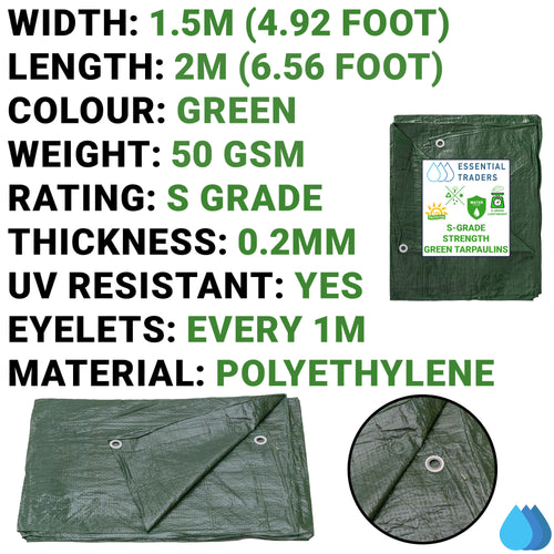 1.5m x 2m Green Tarpaulins, S-Grade 50 GSM-1
